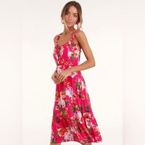 Lulu's Fuchsia Floral Tie-Front Midi Dress